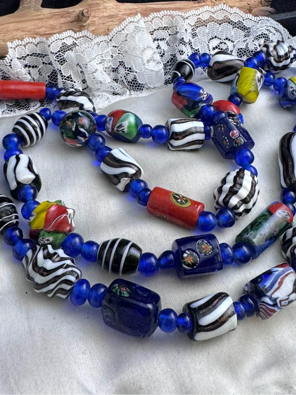 Vintage MillefioriMurano  Glass Bead Necklace in Blue and Multicolor 40" long.